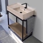 Scarabeo 5118-E-SOL2-89 Console Sink Vanity With Beige Travertine Design Ceramic Sink and Natural Brown Oak Shelf, 35 Inch